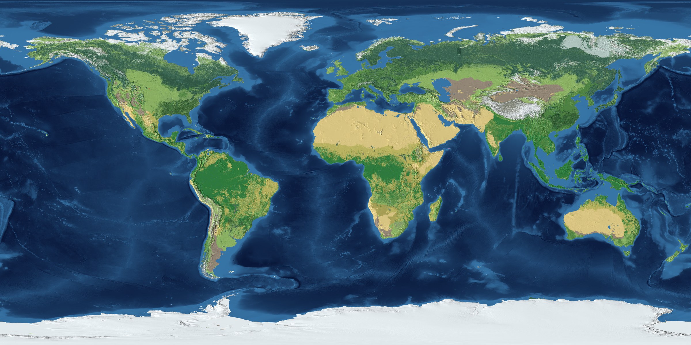 The world map, shaded by elevation